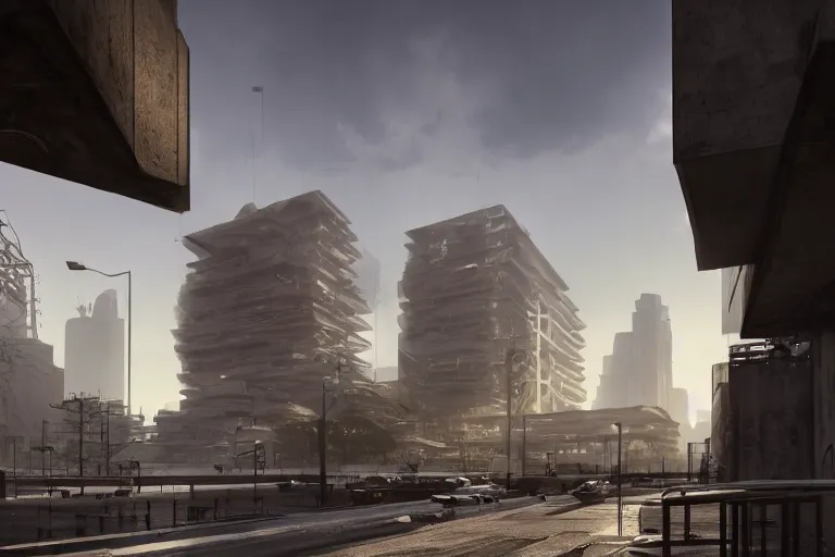 Image similar to streetscape, a towering cathedral of brutalist architecture, buildings covered with greebles, stunning volumetric light, sunset, metal, concrete and translucent material, stunning skies, majestic landscape, trending on Artstation, 8k, photorealistic, hyper detailed, unreal engine 5, IMAX quality, cinematic, epic lighting, in the style of Greg Rutkowski