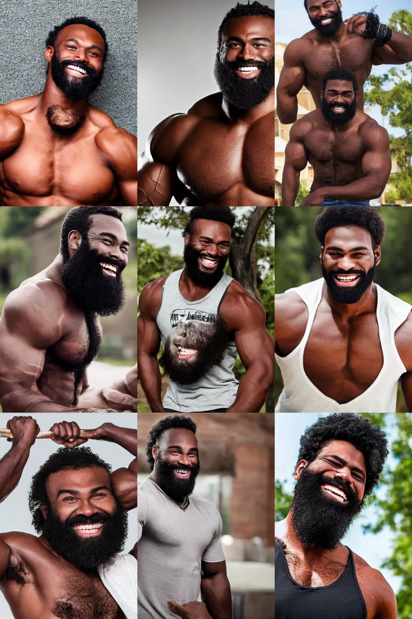 Prompt: african american gigachad with thick black beard, huge glistening muscles, big smile, hd dolby digital,