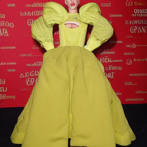 Prompt: lady gaga wearing a emmental cheese based dress