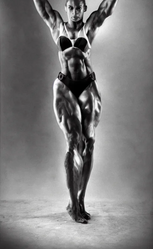 Image similar to gigachad as woman, full body photo, bodybuilder Ernest Khalimov, black and white photograph