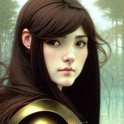 Image similar to Masterpiece head and shoulders portrait of a female Kazuto Kirigaya Kirito, young woman with brown long hair and bangs and wearing a long black coat breast-armor showing through, face, fantasy, intricate, elegant, highly detailed drawn by Donato Giancola and Fernanda Suarez and Artem Demura, face by Artgerm and Edmund Leighton, Alphonse Mucha, background by James Jean and Gustav Klimt, 4k, porcelain skin, komorebi, french nouveau, trending on pixiv, octane render, hyperrealistic