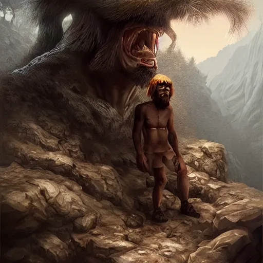 Image similar to Mrbeast as a cave man , digital art , hyperdetailed , trending on artstation , matte painting , CGSociety , pinterest