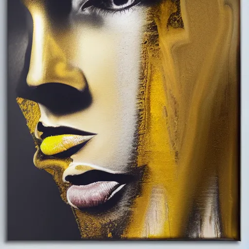 Prompt: liquid marble acrylic fluid paint, portrait, golden and black liquid materials, abstract art, beautiful female model standing, octadecahedrals, semi realism, surreal