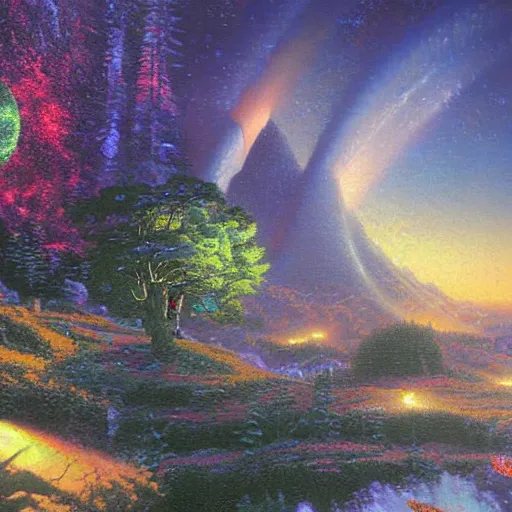 Prompt: an alien dreamy landscape high realistic high detailed painting by Thomas Kinkade and Moebius