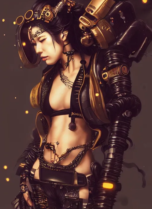 Image similar to soft lustrous ebony geisha seductive raver gutter punk steampunk cyborg, yakuza, golden ratio, details, scifi, fantasy, cyberpunk city, intricate, decadent, highly detailed, octane render, digital painting, artstation, concept art, sharp focus, illustration, art by artgerm, loish, wlop