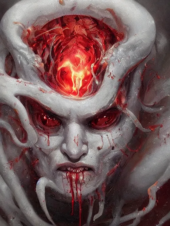 Image similar to painting by greg rutkowski of a flying sorrowful looking human head with tears running down it's eyes, face that is chalk white in color, with long sprawling white tentacles stemming down it's neck, fiery scorching red eyes, flying in a terrying hellish dark cavernous place