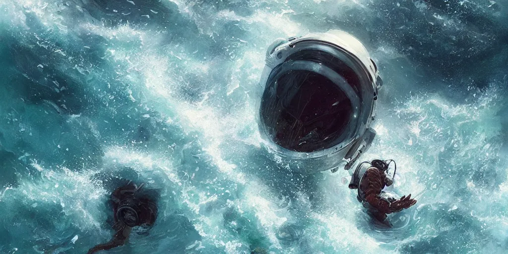 Image similar to an astronaut waist deep in the ocean,digital art,detailed,ultra realistic,art by greg rutkowski