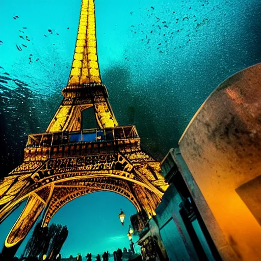 Prompt: Paris underwater, trending on 500px, canon 5D mk2