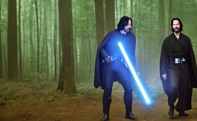 Image similar to keanu reeves as a jedi master with a blue lightsaber fighting a sith lord in an ancient bioluminescent forest, perfect symmetrical face, full moon, moody lighting, 8 k, shallow depth of field, intricate detail,