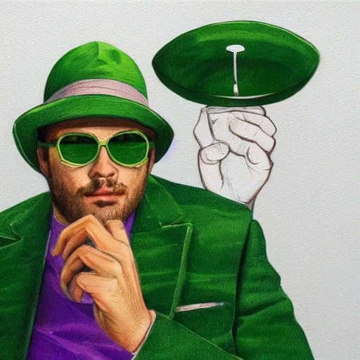 Prompt: man in green suit, with green hat, drinking tea, purple undershirt, Wearing Shades, highly detailed, fantasy, D&D, by Viktor Antonov