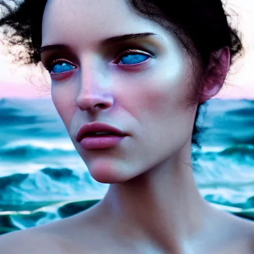 Image similar to photographic portrait of a stunningly beautiful latin renaissance female in soft dreamy light at sunset, beside the ocean, soft focus, contemporary fashion shoot, in a denis villeneuve and tim burton movie, by edward robert hughes, annie leibovitz and steve mccurry, david lazar, jimmy nelsson, extremely detailed, breathtaking, hyperrealistic, perfect face, octane render