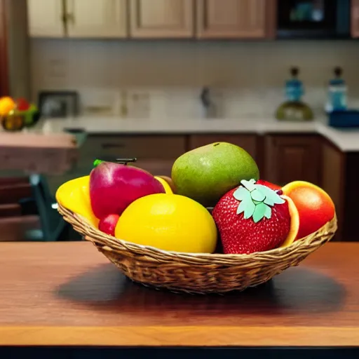 Prompt: a fruit basket on top of a kitchen table, pixar