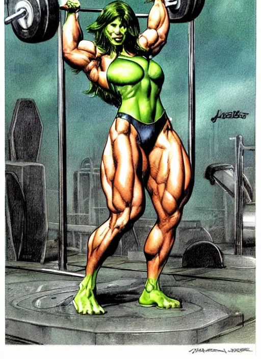 Image similar to jessica biel as she - hulk lifting barbell in overhead press. green skinned, muscular, bodybuilding woman, wheyfu. illustration luis royo, boris vallejo, detailed, realistic