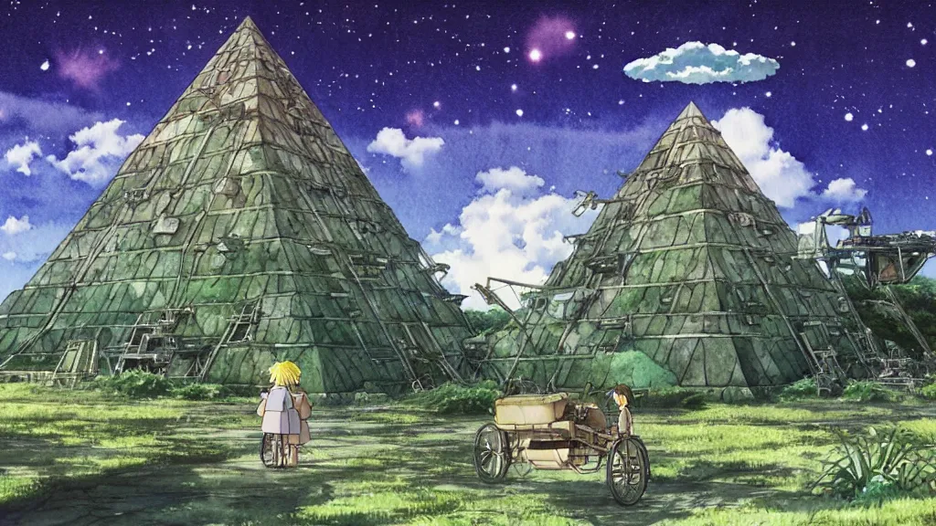 Image similar to a hyperrealist watercolor concept art from a studio ghibli film showing a giant mechanized crocodile from howl's moving castle ( 2 0 0 4 ). a pyramid is under construction in the background, in the rainforest on a misty and starry night. a ufo is in the sky. by studio ghibli