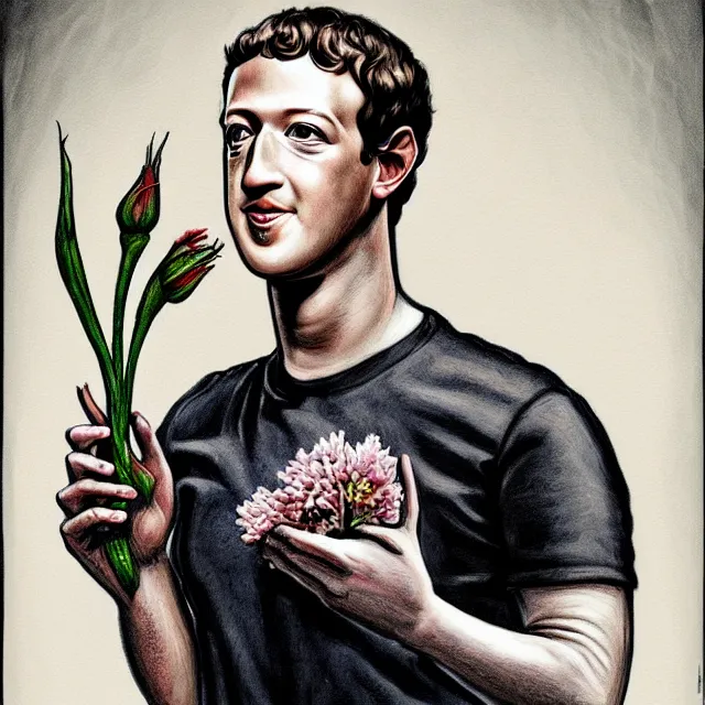 Image similar to mark zuckerberg holding a flower by hr giger, trending on artstation, horror, illustration