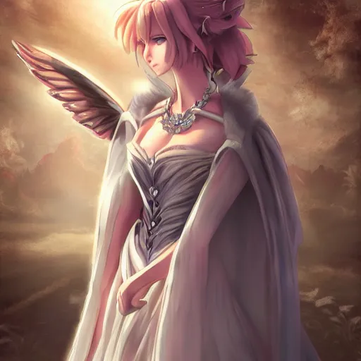 Image similar to portrait of queen elizabeth as a fallen angel anime fantasy illustration by tomoyuki yamasaki, kyoto studio, madhouse, ufotable, square enix, cinematic lighting, trending on artstation