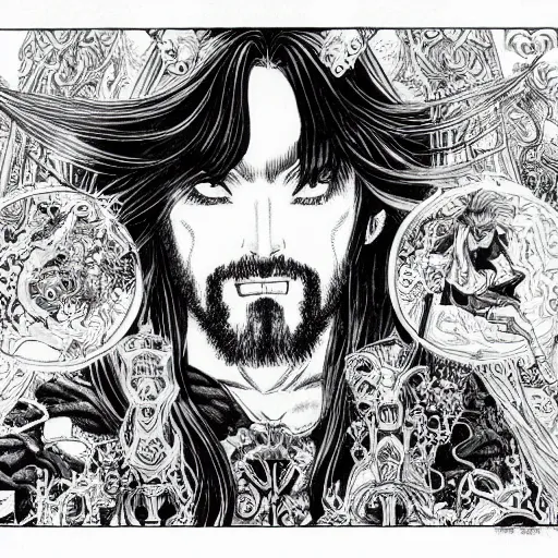 Image similar to highly detailed perspective drawing black and white goetic pen and ink manga panel by hiroya oku!! mucha illustrated sorcerer beautiful attractive long hair chris bell fxv flowing ritual royal!!! vagabond! graphic novel panel swords dramatic esoteric!!!!!! long hair flowing dancing illustrated in high detail by frank miller, shonen jump