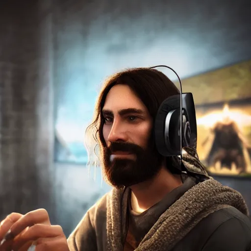 Image similar to jesus christ, with a gaming headset gaming, led lights, unreal engine, dslr, award winning, 8 k, octane beautifully detailed render, cold lighting, cinematic lighting, detailed photo,