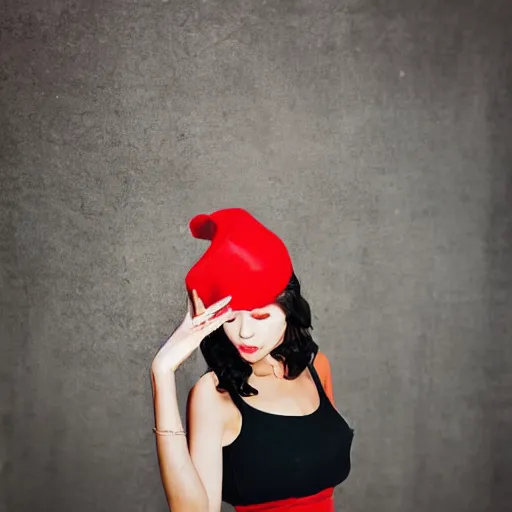 Image similar to fine art portrait photography half - length portrait of stunning girl in a red hat and black dress, kodak portra 4 0 0, 8 k, soft light, volumetric lighting, highly detailed,,