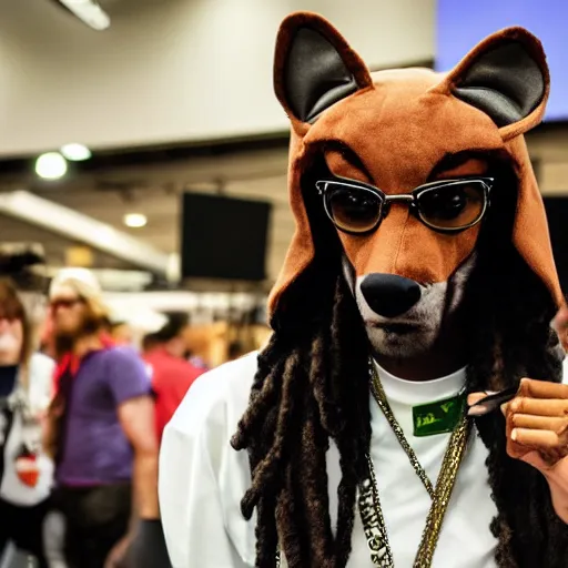 Image similar to snoop dog wearing a fox fursuit without the mask at a furry convention, indoor convention vendors