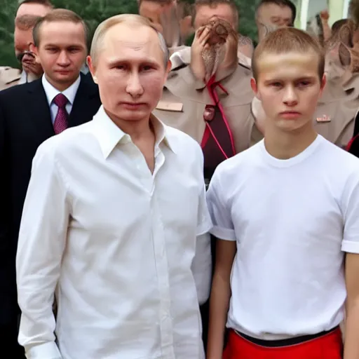 Image similar to putin teams up with a mysterious teenage putin, perfect faces