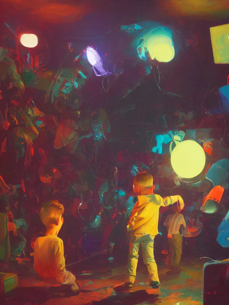 Prompt: a young boy in a disco in a painting from stalenhag, 4 k, 8 k, hdr, artstation, concept art