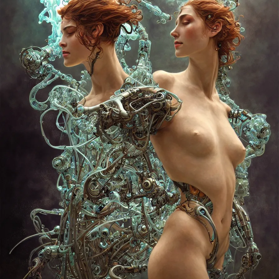 Prompt: organic cyborg, water and smoke sculpture, diffuse lighting, fantasy, intricate, elegant, highly detailed, lifelike, photorealistic, digital painting, artstation, illustration, concept art, smooth, sharp focus, art by john collier and albert aublet and krenz cushart and artem demura and alphonse mucha