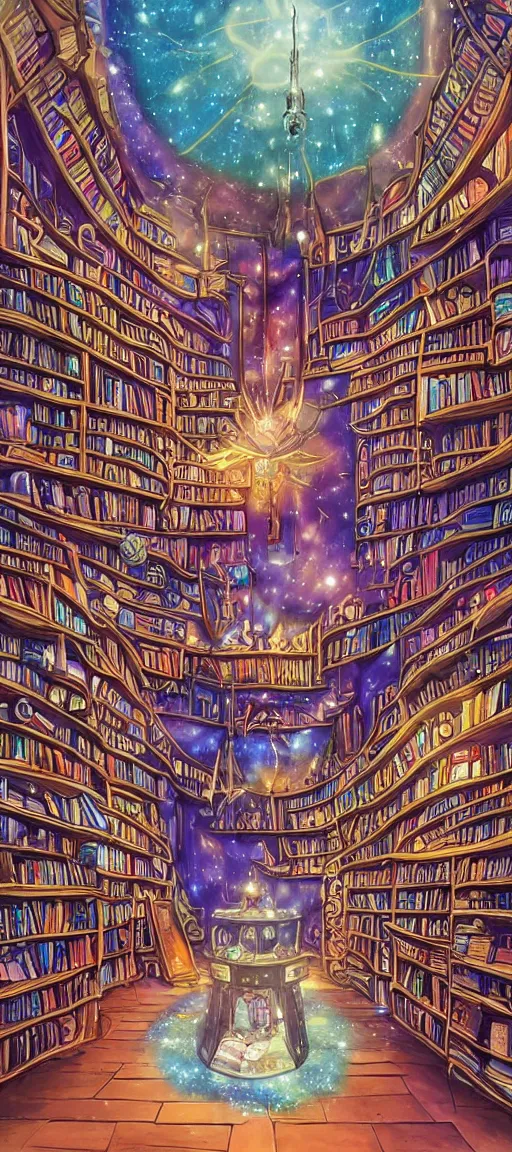 Prompt: the inside of an occult bookshop, potions, star charts, candles, knick knacks, ufotable studio art style, fantasy, fantasy aesthetic, occult aesthetic, magic aesthetic, colors, colorful, sparkles in the air, cosmic, sunbeams, big windows, wide angle