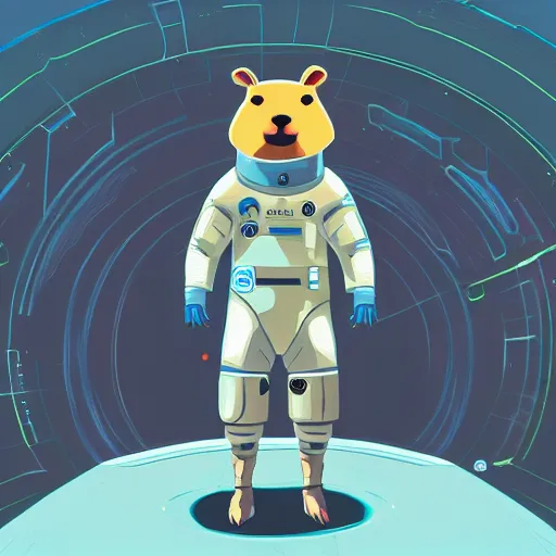 Image similar to capybara in a cyberpunk style space suit, minimalistic, no mans sky style