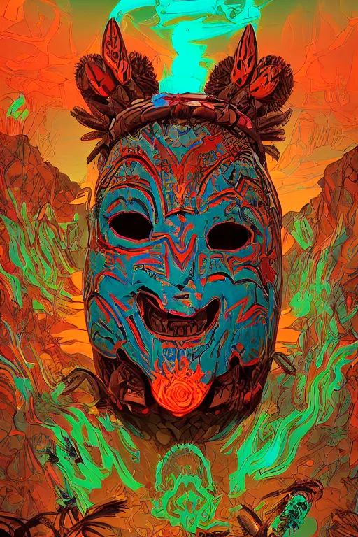 Image similar to totem animal tribal chaman vodoo mask feather gemstone plant wood rock video game illustration vivid color borderlands by josan gonzales and dan mumford radiating a glowing aura global illumination ray tracing