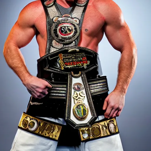 Image similar to Sheamus posing with his champion belt for a magazine photo