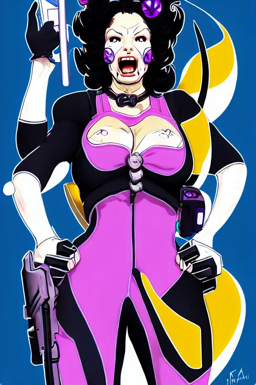 Image similar to fran drescher as screamstress, character design concept for overwatch and my hero academia, illustration in the style of hirohiko araki and shoji kawamori.