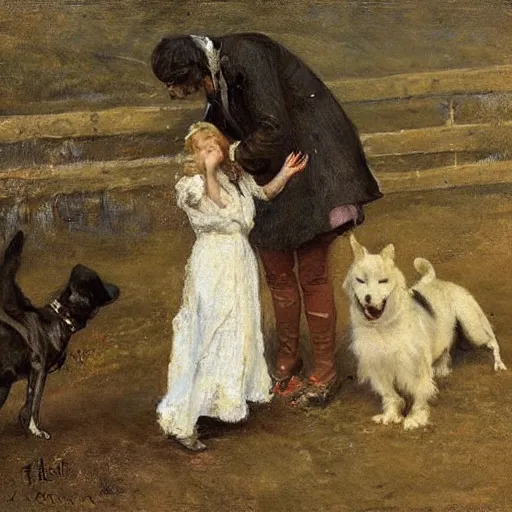 Image similar to young woman meeting a dog zombie by alfred stevens
