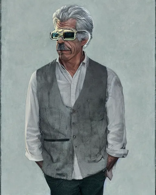 Image similar to Portrait Sam Elliott wearing safety goggles and black cloat by charlie bowater elina brotherus greg rutkowski Dan Witz paul klee jamie wyeth victo ngai