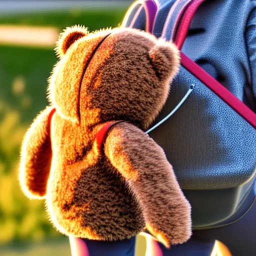 Image similar to a teddy bear with a backpack walking to school, photorealistic, close-up, 8K, 3D