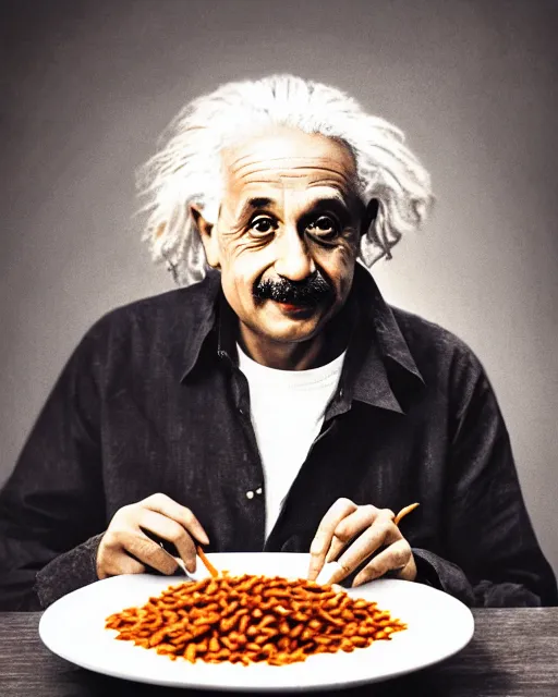 Image similar to A photo of Albert Einstein eating Rajma Chawal, highly detailed, trending on artstation, bokeh, 90mm, f/1.4