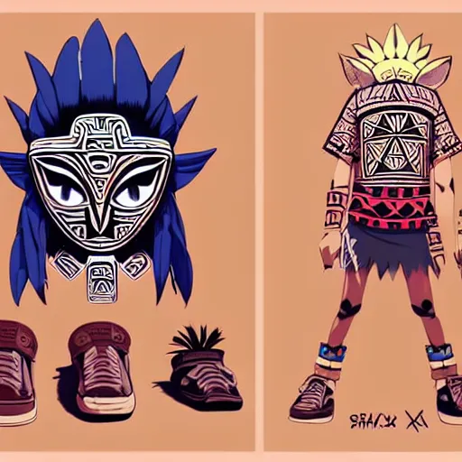 Image similar to sneaker design concept art, aztec mayan street fashion native punk sneaker design, majora's mask, wearing wooden mask, hip hop sneaker design with subtle mayan patterns, gapmoe yandere grimdark, trending on pixiv fanbox, painted by greg rutkowski makoto shinkai takashi takeuchi studio ghibli, akihiko yoshida