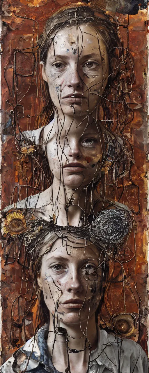 Image similar to a full length portrait of a very ordinary young woman with a distracted expression, Anselm Kiefer and Lucian Freud and Jenny Saville, oil painting, rust, Scaffolding, rusted metal and sunflowers, iron cladding, decay, mixed media, textured, anatomically correct, beautiful perfect face, visible brushstrokes, sharp focus, twisted wire, Highly Detailed, nails, photographic emulsion cracked and peeling, Cinematic Lighting, 8k, HD