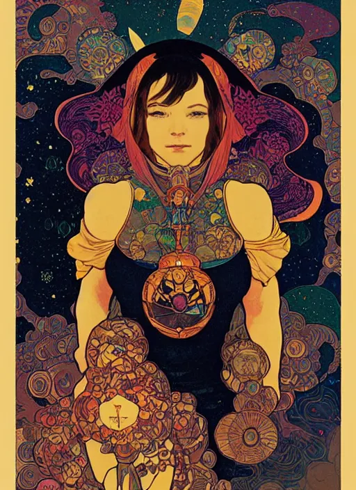 Image similar to fractal cosmonaut girl, poster art by Victor Moscoso Dan Mumford Kilian Eng Hannah Jeffrey Smith Rick Griffin Alphonse Mucha Gustav Klimt Ayami Kojima Amano Charlie Bowater