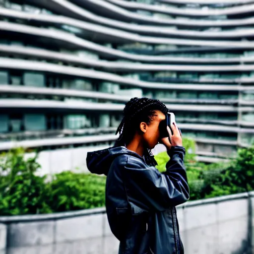 Image similar to candid photographic portrait of a poor techwear mixed young woman using a phone inside a dystopian city, closeup, beautiful garden terraces in the background, sigma 85mm f/1.4, 4k, depth of field, high resolution, 4k, 8k, hd, full color