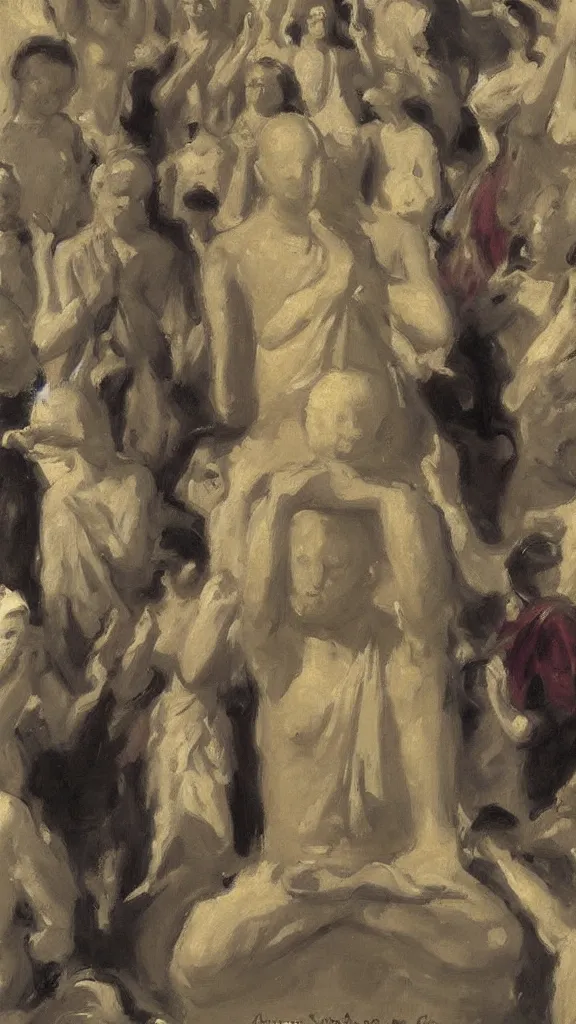 Image similar to a crowd of people pray a rabbit budda statue by john singer sargent