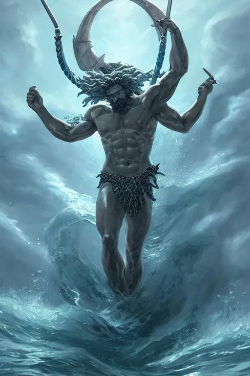 Image similar to poseidon humanoid god of the sea, trident, highly detailed, d & d, fantasy, highly detailed, digital painting, trending on artstation, concept art, sharp focus, illustration, art by artgerm and greg rutkowski and magali villeneuve