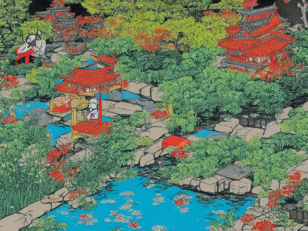 Image similar to close - up traditional japanese home with a garden, a pond in the garden, startroopers are sitting around the pond, a combination of pop - art and traditional japanese painting styles, the style of andy warhol and jackie tsai, bright palette, acrylic on canvas