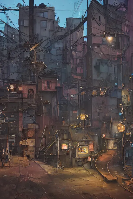 Image similar to a industrial STEAMPUNK CITY Street scenery in the FAVELAS, signs, billboards and cable Connecting MULTI LVL BUILDINGS, rendered by simon stålenhag, rendered by Beeple, Makoto Shinkai, syd meade, environment concept, digital art, starwars, raphael lacoste, eddie mendoza, alex ross, concept art, cinematic lighting, , unreal engine, 3 point perspective, WLOP, trending on artstation, low level, 4K UHD image, octane render,