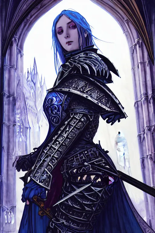 Image similar to beautiful luxury and gothic and victorian and evil medieval female blue armor knight portrait+smoky eyes+light flowing hair, in ruin gothic cathedral, ultradetail face, art and illustration by tian zi and craig mullins and WLOP and alphonse mucha, fantasy, intricate complexity, human structure, fantasy world concept, watermark, blurry, hyperrealism 8k