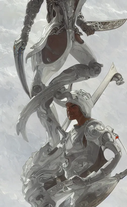 Image similar to a top view shot of a man in white futuristic armor, holding a katana , alphonse mucha , greg rutowski, illustration, science fiction, concept art, digital painting, fantasy, Trending on artstation