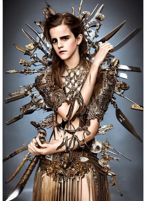 Image similar to expressive full body photo of a emma watson, headpiece made from knives, dress made of swords, glamour shot, by karol bak, by stefan gesell, photorealistic, canon r 3, fashion photography, hyper maximalist, elegant, ornate, luxury, elite, environmental portrait, symmetrical features, octane render, unreal engine, solid dark grey background, dramatic lights