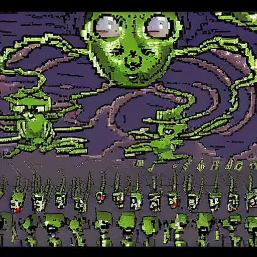 Image similar to alien invasion, pixel art, 3 2 - bit, hd pixel art, highly detailed, creepy, horror