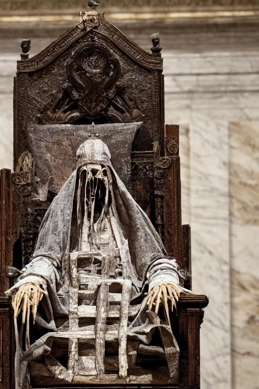Image similar to mummified pope in his throne at the vatican, desiccated, close - up portrait, tall pontiff hat, mitre, dark, moody, black skin, ornate, hyper realistic, sharp focus, highly detailed
