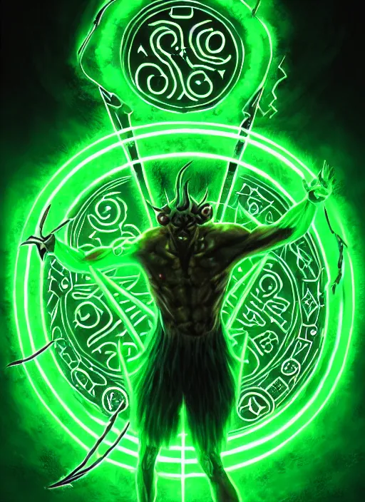 Image similar to illustration of a demonic evil glowing green portal with glowing runes, with hands reaching out from the portal covered in rune tattoos, intricate, demonic, evil green lighting, highly detailed, digital painting, artstation, concept art, smooth, sharp focus, illustration, art by wlop, mars ravelo and greg rutkowski